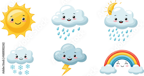 Cartoon weather icons, sun, rain cloud, snow, thunderstorm, rainbow illustration, cute climate symbols, forecast elements, happy cloud characters set