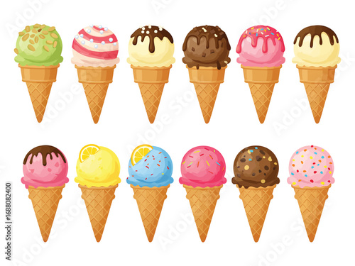 Colorful ice cream set with tasty summer dessert scoops in waffle cones and various toppings
