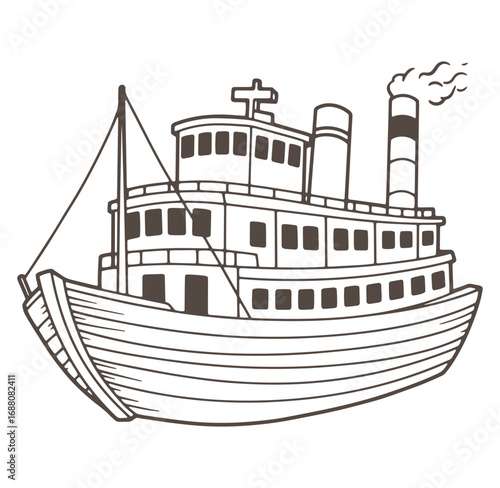 Vintage steamboat illustration featuring detailed lines and smoke for nautical and travel themes