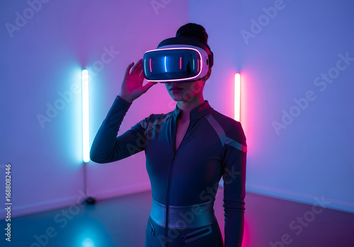 Immersive virtual reality experience with a futuristic woman in a neon world