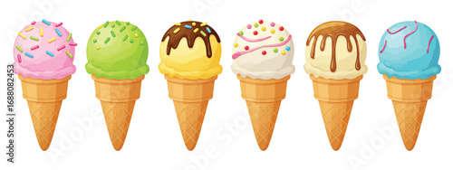 Colorful ice cream set. Tasty summer dessert. Ice-cream scoop and waffle cone with different toppings