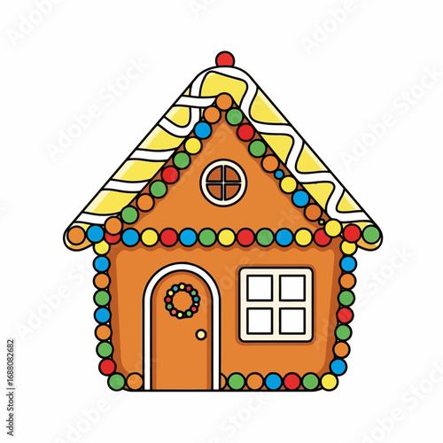 Vector art of a cute gingerbread house decorated with colorful candies and icing, isolated on a