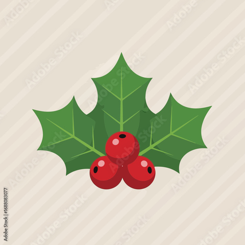 Vector art of a festive illustration of a holly sprig with three bright red berries and green leaves, set against a subtle, textured, light beige background with diagonal lines