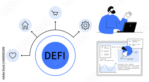 DEFI network linking home, shopping, settings, and health icons. Man working on laptop analyzing graphs and charts. Ideal for finance, innovation, technology, decentralization business data simple