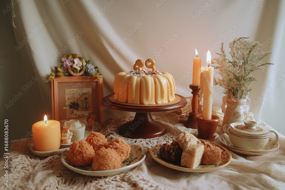Fototapeta premium Birthday cake with candles and baked goods
