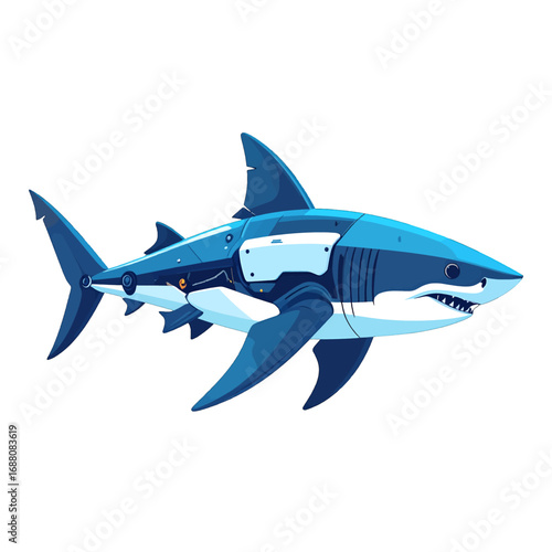 Wallpaper Mural Pixelated Mechanical Shark with White Underside and Blue Accents Floating on Plain White Background in Digital Art Style Torontodigital.ca