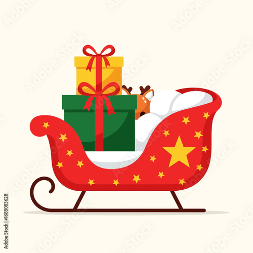 Vector art of festive red sleigh overflowing with beautifully wrapped christmas presents and a hint of a reindeer, isolated on a light background