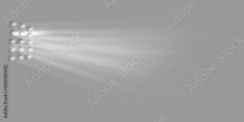 Stadium floodlight isolated set of LED strobe lights for lighting stage, stadium, podium, advertising presentations.