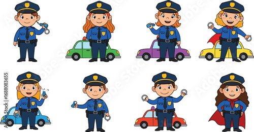 Cute cartoon police officers, male and female characters, police cars, law enforcement, superhero cop, handcuffs, patrol, justice, safety illustration