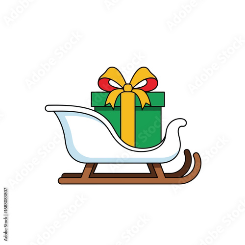 Vector art of christmas sleigh with a green gift box and yellow ribbon