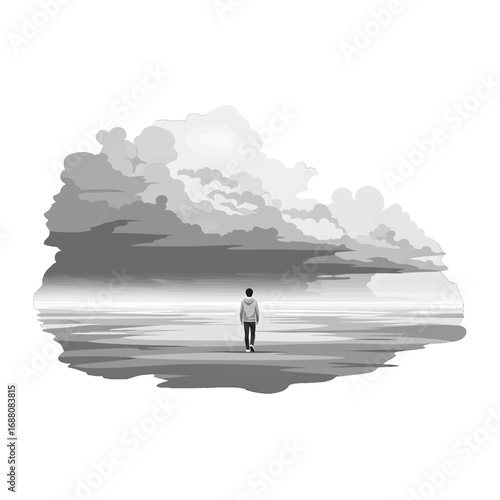 Pixel Art Grayscale Landscape Featuring a Person Walking Towards a Cloudy Horizon over Water with Reflections in a Minimalist Style