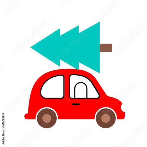 Vector art of a simple, stylized red car carrying a teal christmas tree on its roof, isolated on a