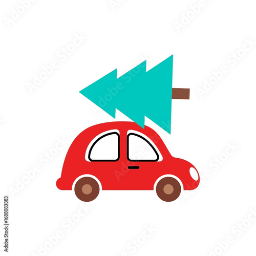 Vector art of a simple red car carrying a green christmas tree on its roof