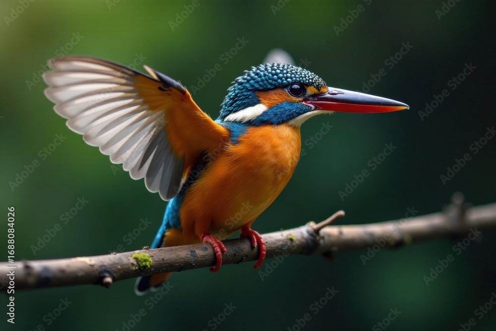 Fototapeta premium Common kingfisher, wings spread, silvery fish, hunt, nature photography, blue