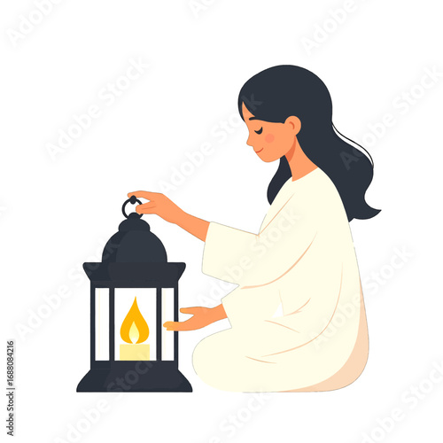 Wallpaper Mural Woman Lighting Black Lantern With Candle in Pixel Art Style on White Background Digital Illustration, Kneeling Figure Holding Lantern, Wearing White Gown Torontodigital.ca