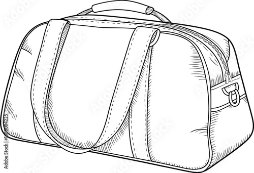 Handbag fashion accessory vector illustration, travel duffle bag line art, stylish leather purse design, isolated white background drawing, outline sketch