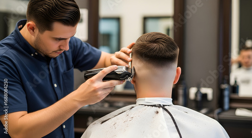 Skilled barber expertly shaping fade haircut with professional clipper for modern stylish look