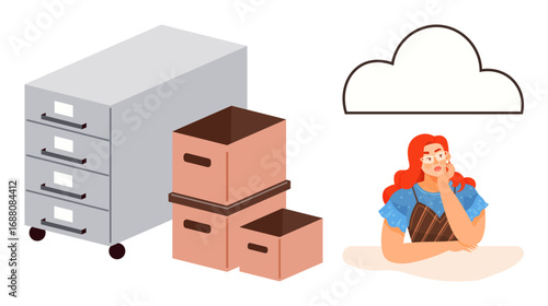Woman pondering cloud symbol surrounded by file cabinet, stacked boxes. Ideal for decision-making, data management, digital transformation, organization, work-life balance, storage concepts, cloud