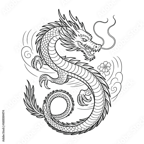 Intricate line art depicting a majestic chinese dragon in a dynamic pose