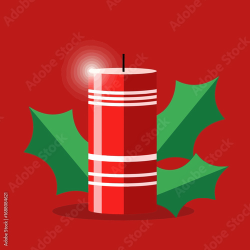 Vector art of a festive red candle with white stripes and a glowing light, surrounded by green holly leaves, set against a vibrant red background, symbolizing christmas and celebration