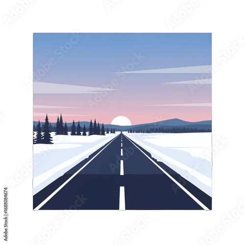 Wallpaper Mural Pixel Art Landscape Featuring a Straight Dark Road through Snowfield towards Distant Mountains Under Pink and Blue Sky at Sunrise Torontodigital.ca