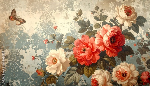 Elegant cluster of pink and white garden roses with a butterfly on a classic vintage textured background
