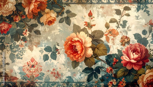 Artistic composition of a classic floral pattern with vibrant roses, evoking a sense of antique elegance and rustic charm
