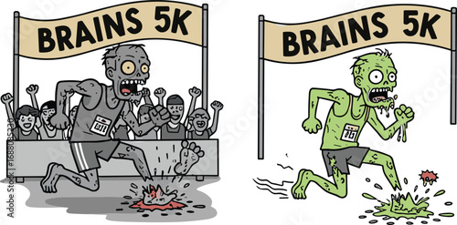 Zombie 5K run cartoon illustration, undead marathon race, scary horror sports artwork, creepy running competition, Halloween zombie runner, funny monster race