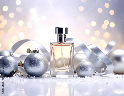 Festive perfume bottle on a reflective surface