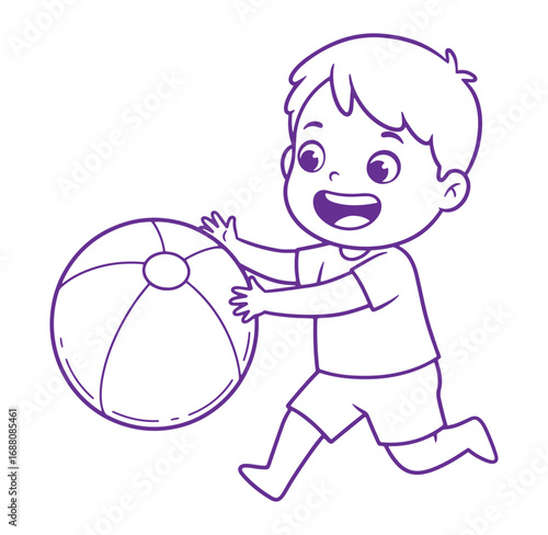 Cartoon boy playing happily with a beach ball in a vector outline illustration