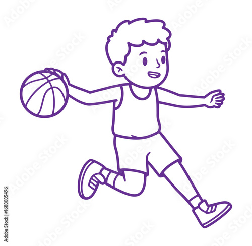Cartoon illustration of a young boy running while dribbling a basketball during practice