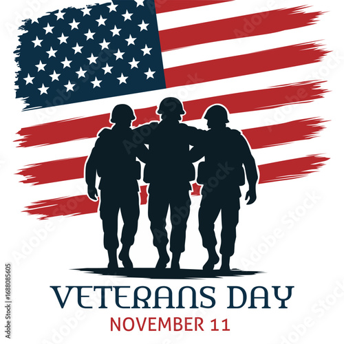 Veterans Day Poster with Soldiers Silhouette and American Flag Background