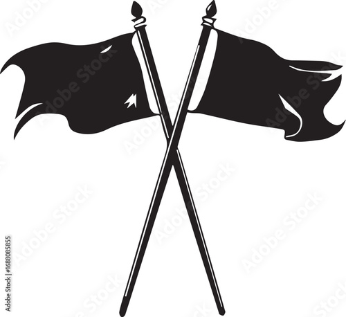 Black and white silhouette of two crossed flags with pointed finials and flowing edges, symbolizing unity or protest