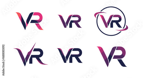 Collection of six futuristic and modern virtual reality vr logo designs with gradient colors