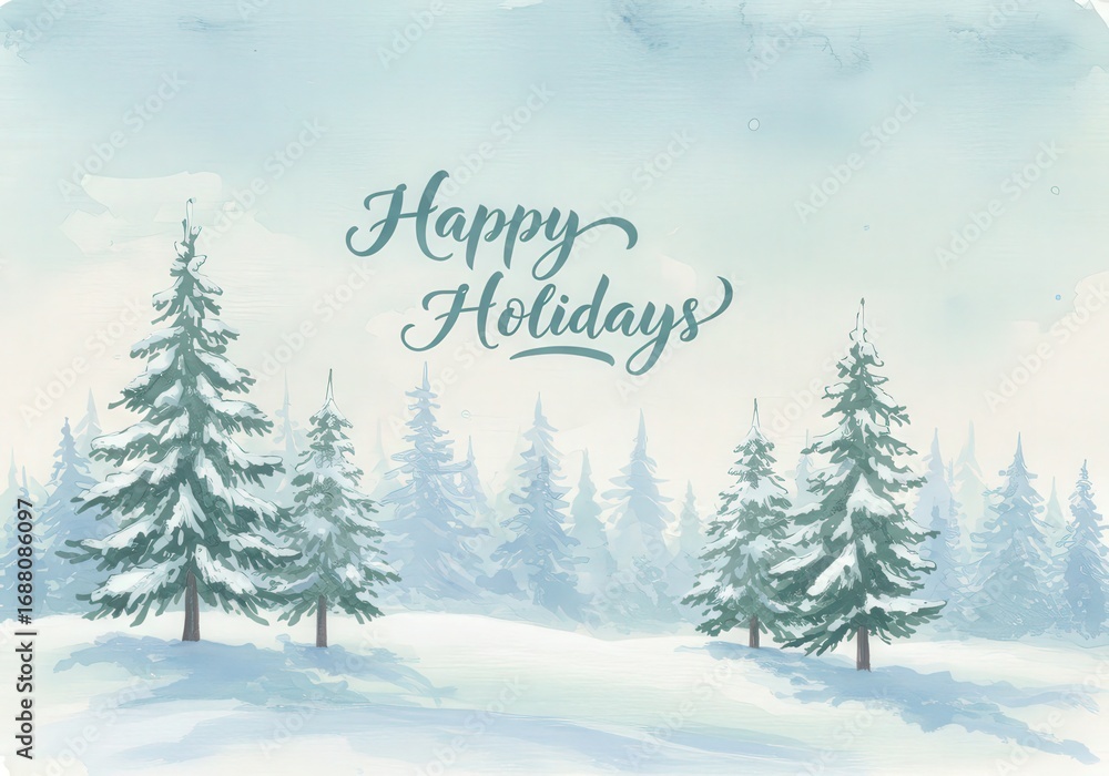 Fototapeta premium Winter forest with snow covered pine trees and happy holidays text