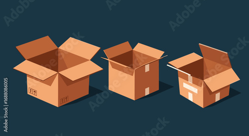 Three open cardboard boxes of various sizes arranged from left to right on a dark background