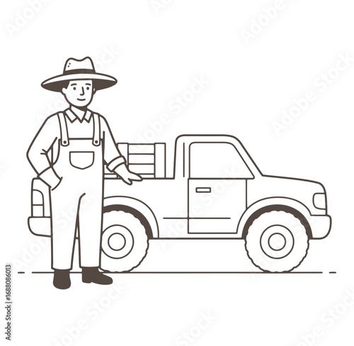 Farmer standing beside pickup truck wearing overalls and a wide brimmed hat vector illustration
