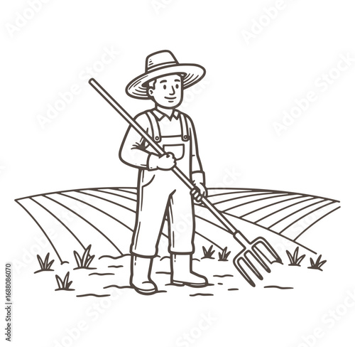 Farmer standing in field with pitchfork against a backdrop of agricultural farmland illustration