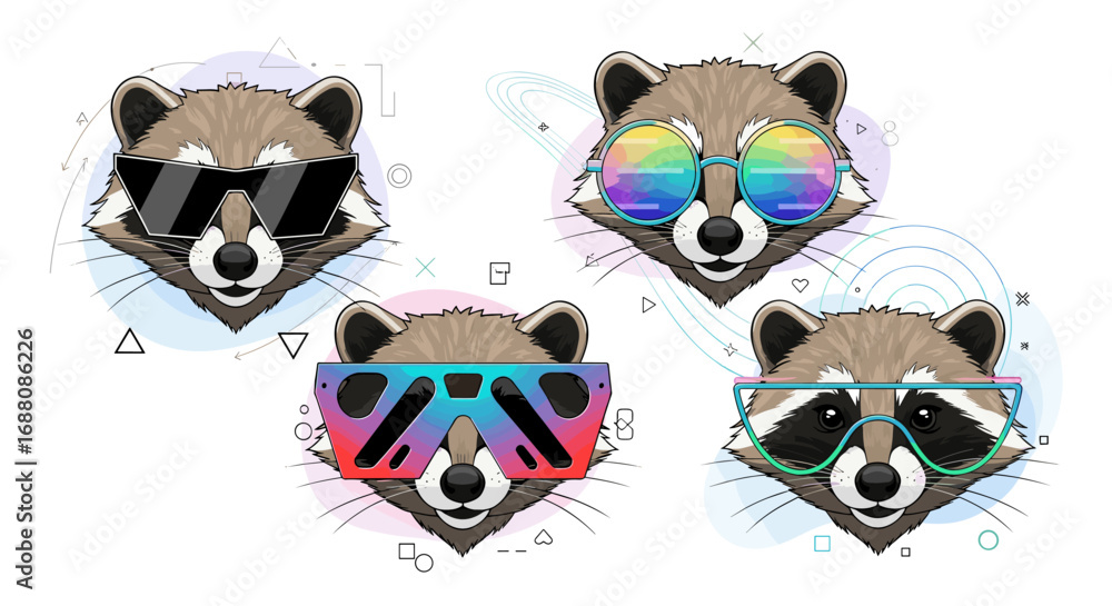 Fototapeta premium Four stylish raccoon heads wearing different cool sunglasses against abstract backgrounds