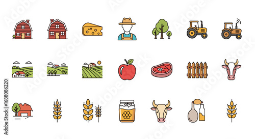 Agriculture and farming industry related icons representing rural life and food production