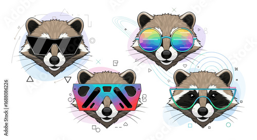 Four stylish raccoon heads wearing different cool sunglasses against abstract backgrounds