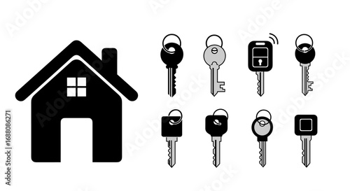 Collection of various house keys and a simple house icon representing home ownership and security concepts