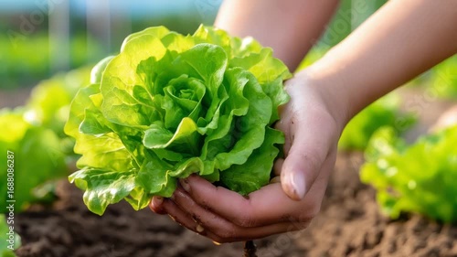 Fresh lettuce being harvested with hands in a vibrant garden setting.