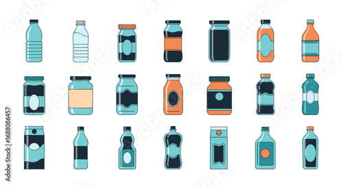 Collection of various containers bottles jars and packages in simple flat design style