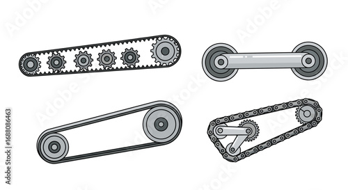 Various mechanisms showing different types of conveyor belts and power transmission systems