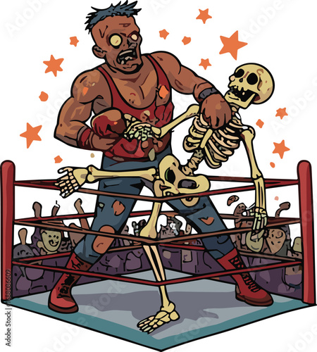 Zombie boxer fighting skeleton, scary cartoon boxing match, undead sports illustration, horror combat artwork, Halloween design, creepy monster fight scene