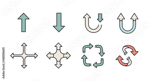 Collection of diverse directional arrow icons representing movement and navigation options