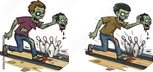 Zombie bowling cartoon, undead character, horror sports illustration, creepy funny monster, bowling alley scene, scary design, pins strike, Halloween artwork