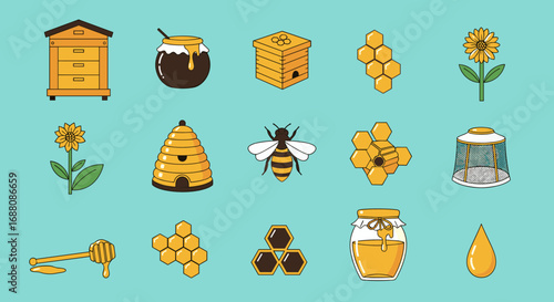 Cute beehive and honeycomb icons representing beekeeping and sweet honey production