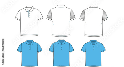 Collection of flat sketches featuring men's polo shirts with contrasting sleeve detail and button placket for apparel design and fashion development